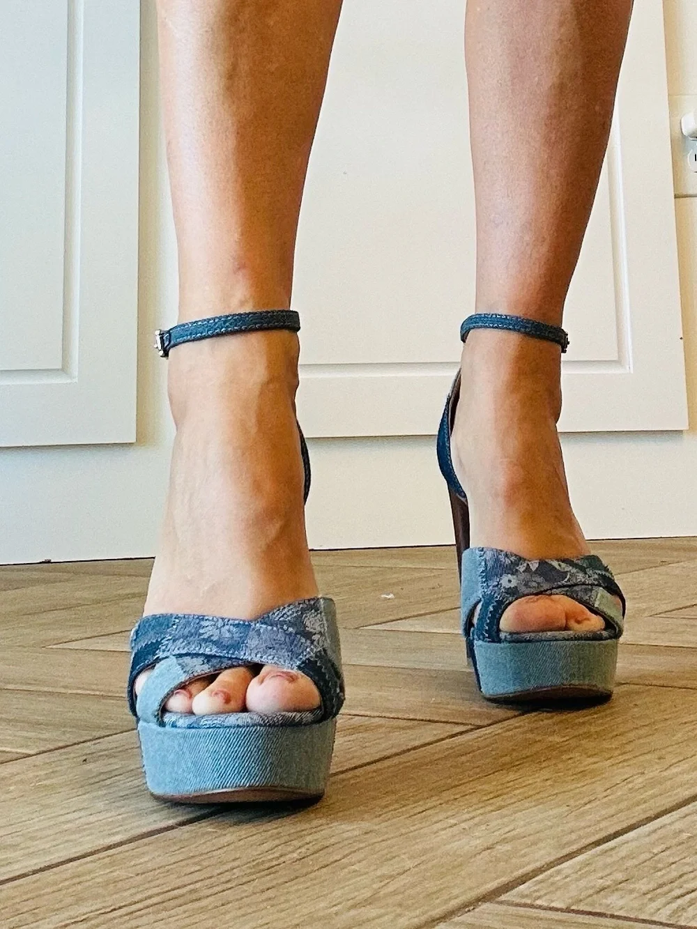 Jessica Simpson Blue Patchwork Denim Platform Heels